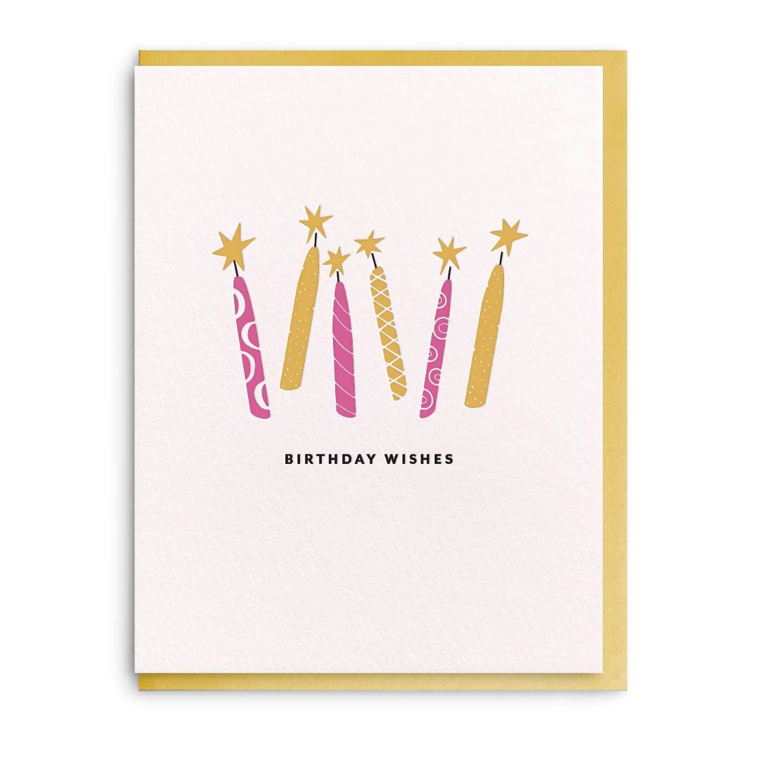 Dahlia Press | Birthday Wishes | A white card with pink and yellow candles. Text reads "Birthday Wishes".