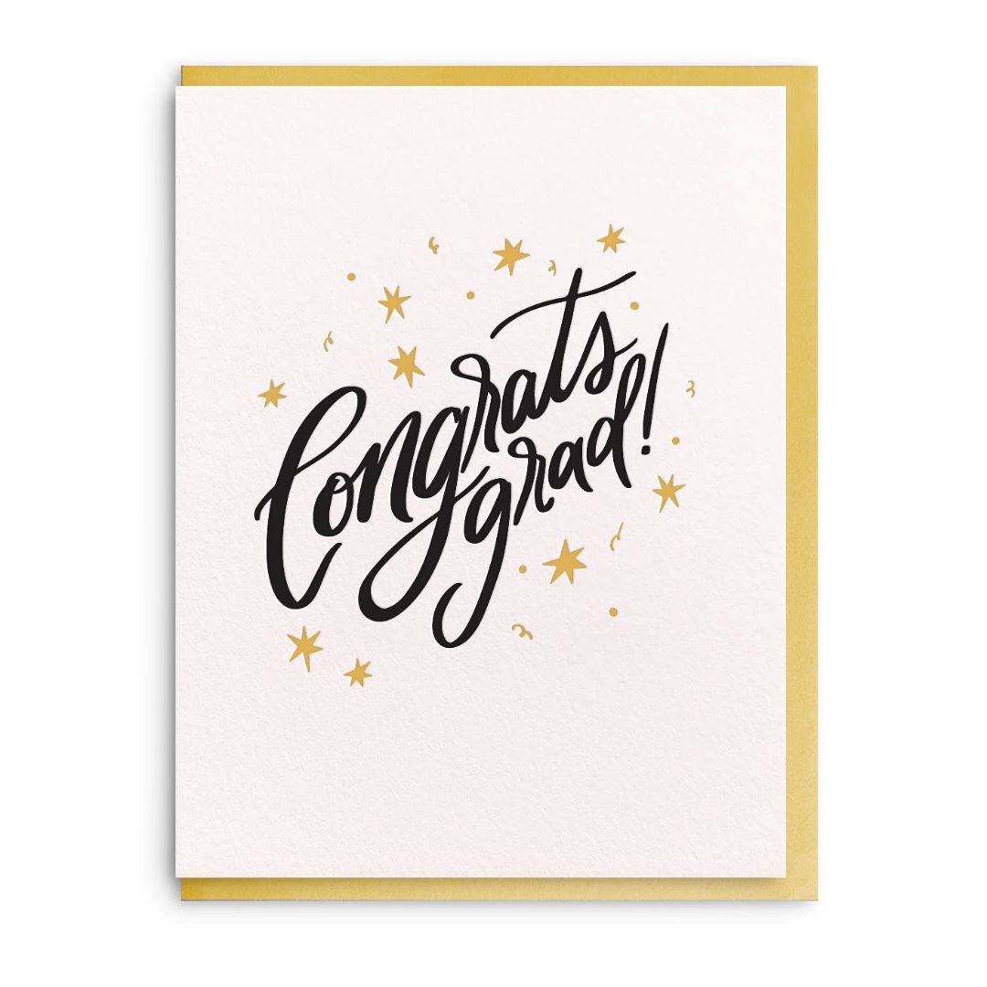 Dahlia Press | Congrats Grad! | Text surrounded by stars. Comes with a yellow envelope.
