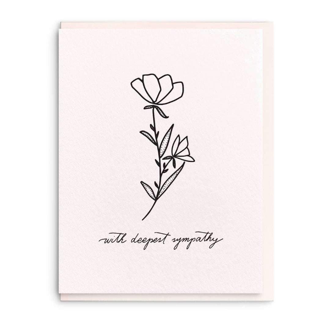 Dahlia Press | Deepest Sympathy | A white card with a lineart flower and text that reads "with deepest sympathy".