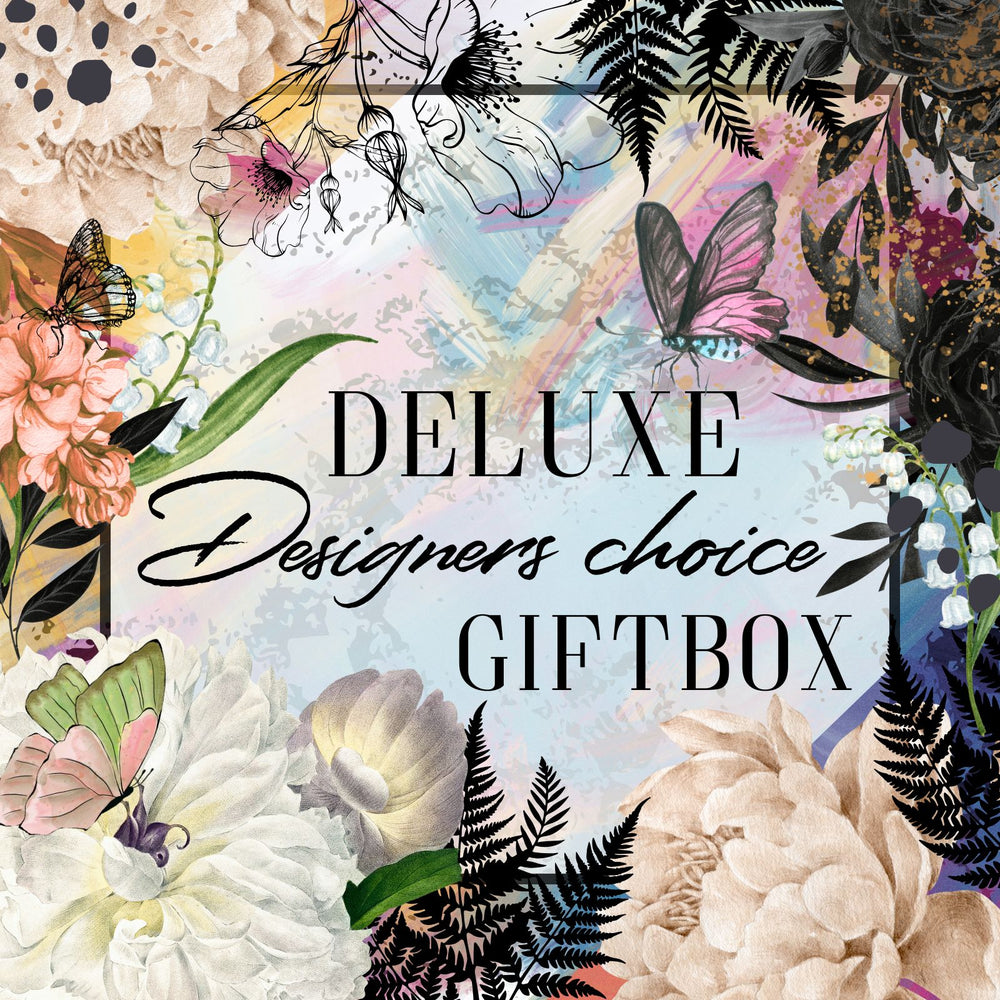 Decorative giftbox with floral and butterfly design and text 'Deluxe Designers choice Giftbox'.
