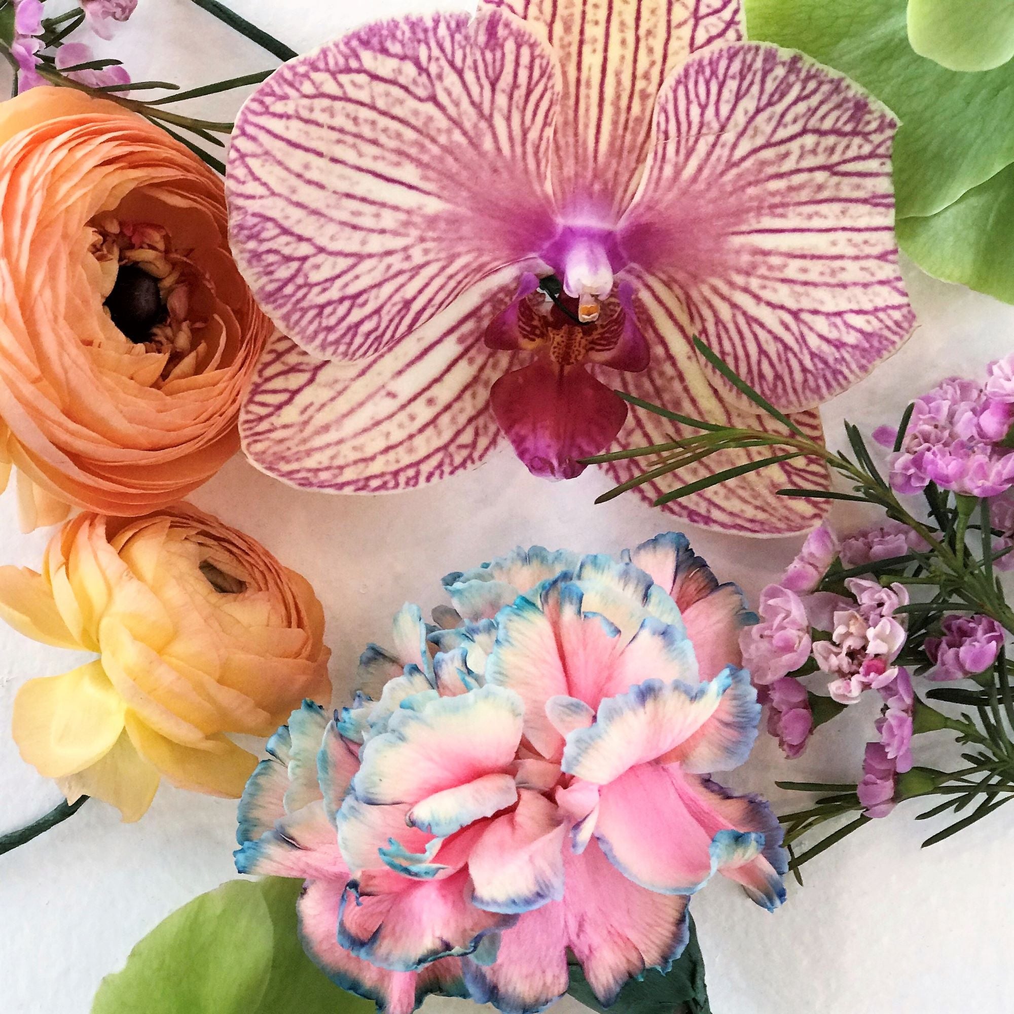 carnation, ranunculus and orchids in a flat lay a la carte weddings