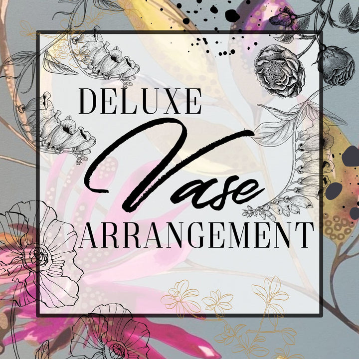 Decorative text 'Deluxe Vase Arrangement' with floral designs on a colorful background