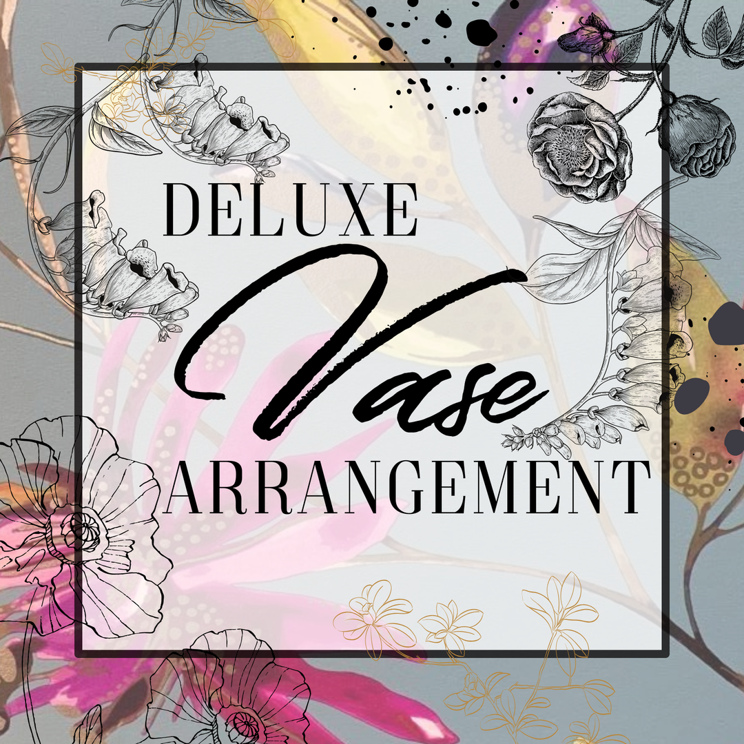 Decorative text 'Deluxe Vase Arrangement' with floral illustrations on a colorful background