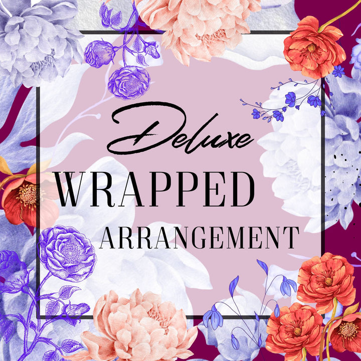 Floral arrangement with 'Deluxe Wrapped Arrangement' text on a colorful background