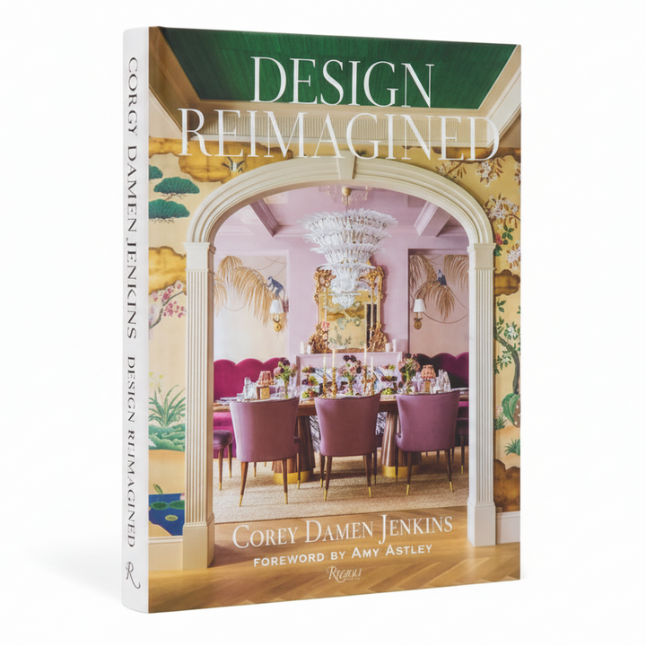 Book cover of 'Design Reimagined' by Corey Damen Jenkins with a dining room scene on the cover.