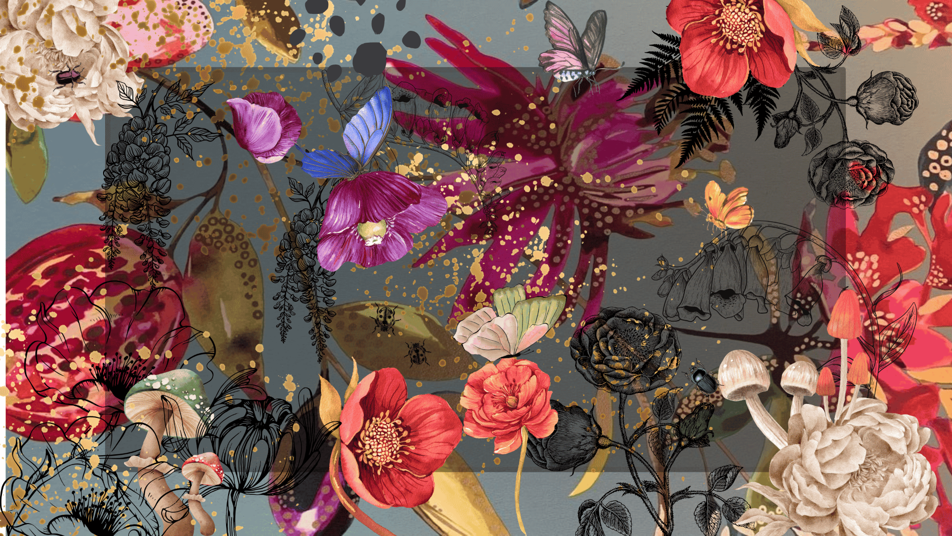 Colorful floral pattern with various flowers and butterflies on a gray background