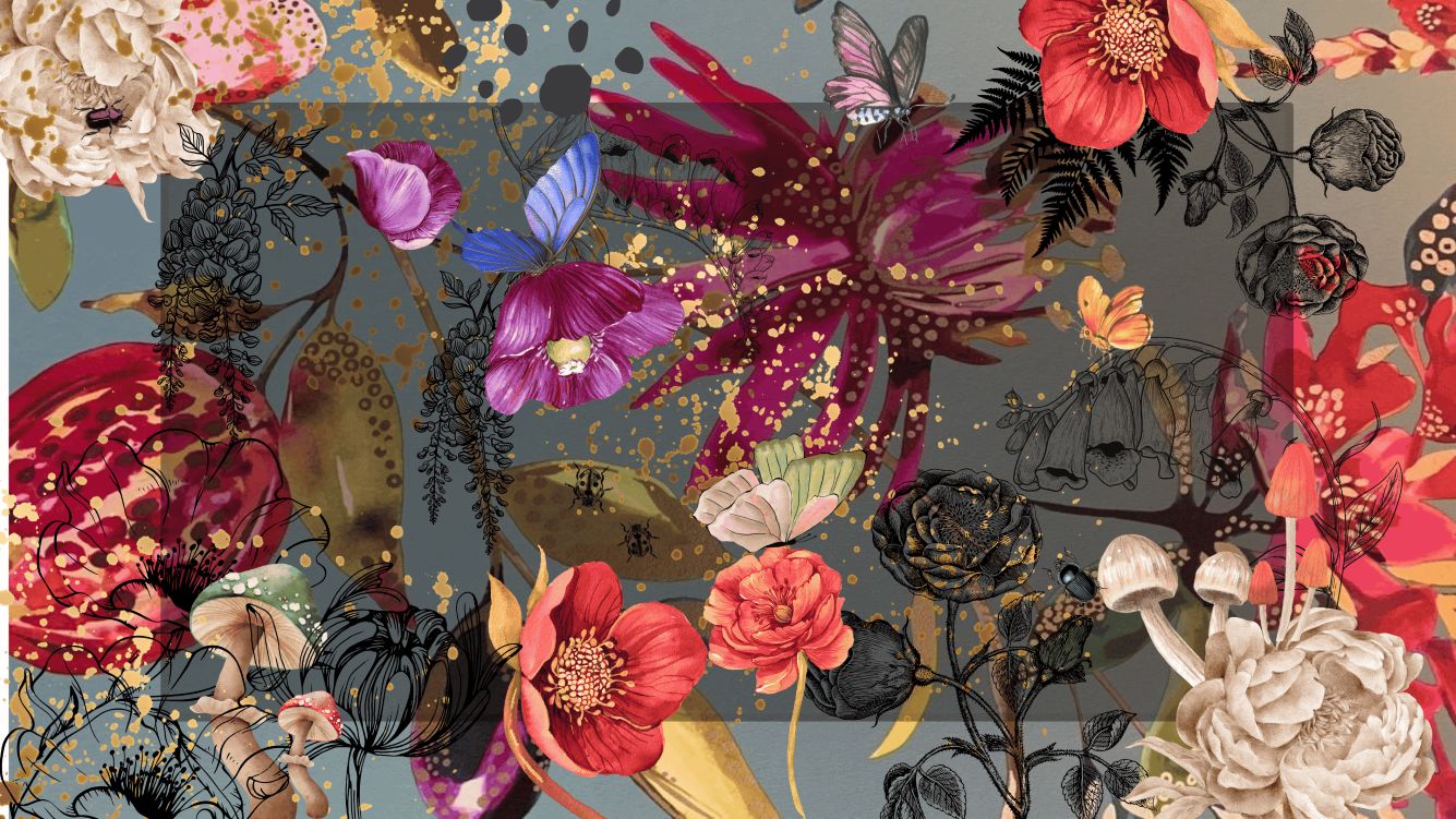 Colorful floral pattern with various flowers on a dark background