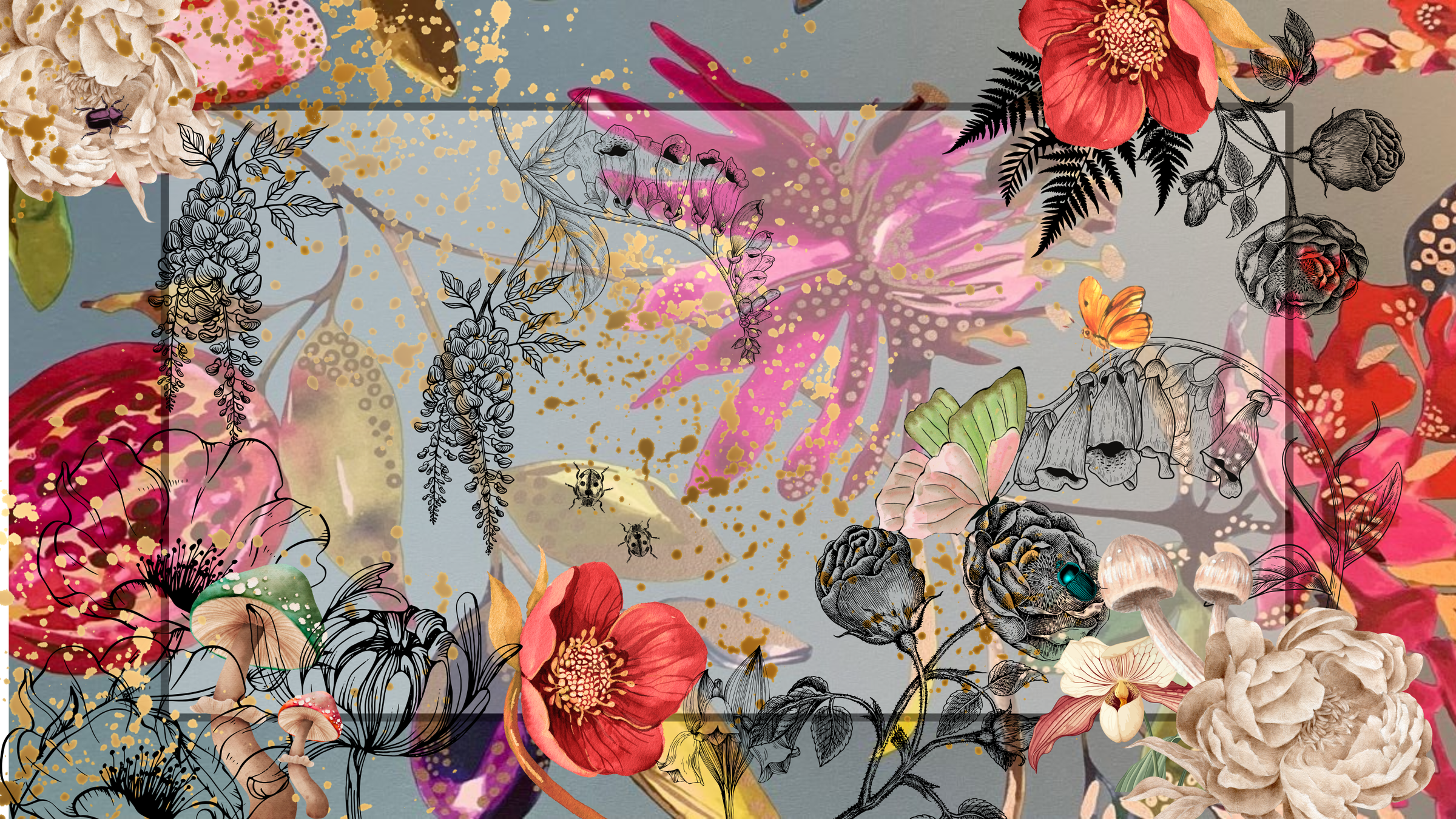 Colorful botanical pattern with  floral pattern with a gray background