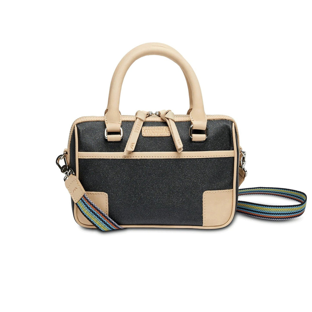 Diamond Luncheon | Consuela | A black handbag with Diego leather accents and a multi color crossbody strap.