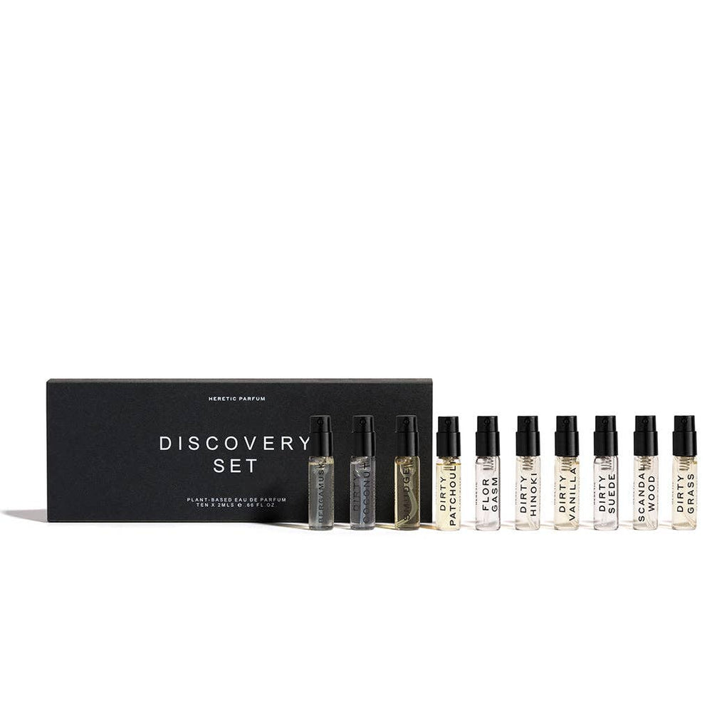 Set of perfume samples with a black box labeled 'Discovery Set' on a white background