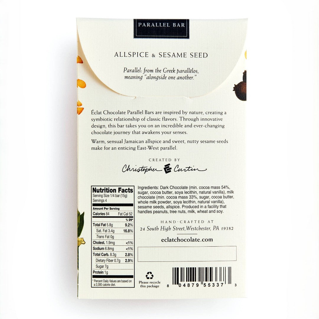Back of a Parallel Bar Allspice &amp; Sesame Seed chocolate bar package, showing product description, nutrition facts, ingredients, and branding on a white background.