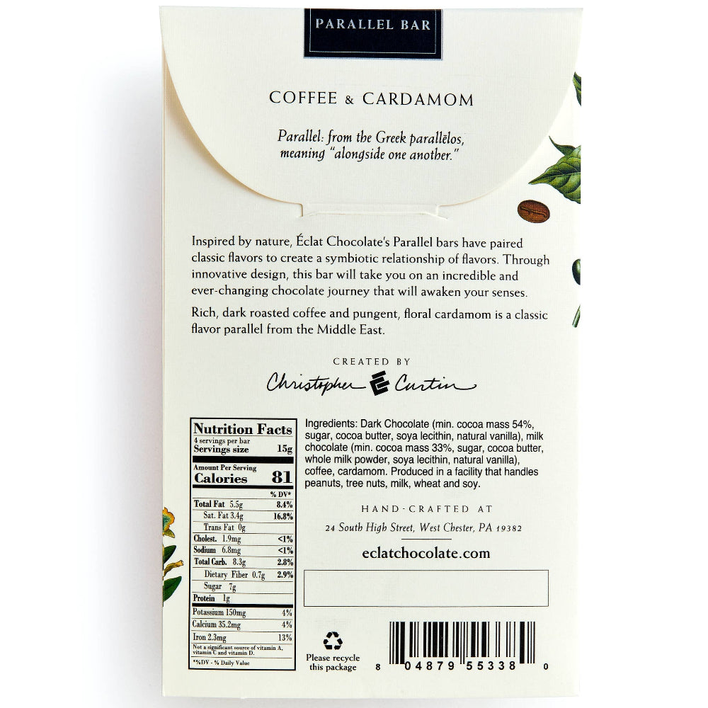 Back of a chocolate bar packaging with text and branding on a white background