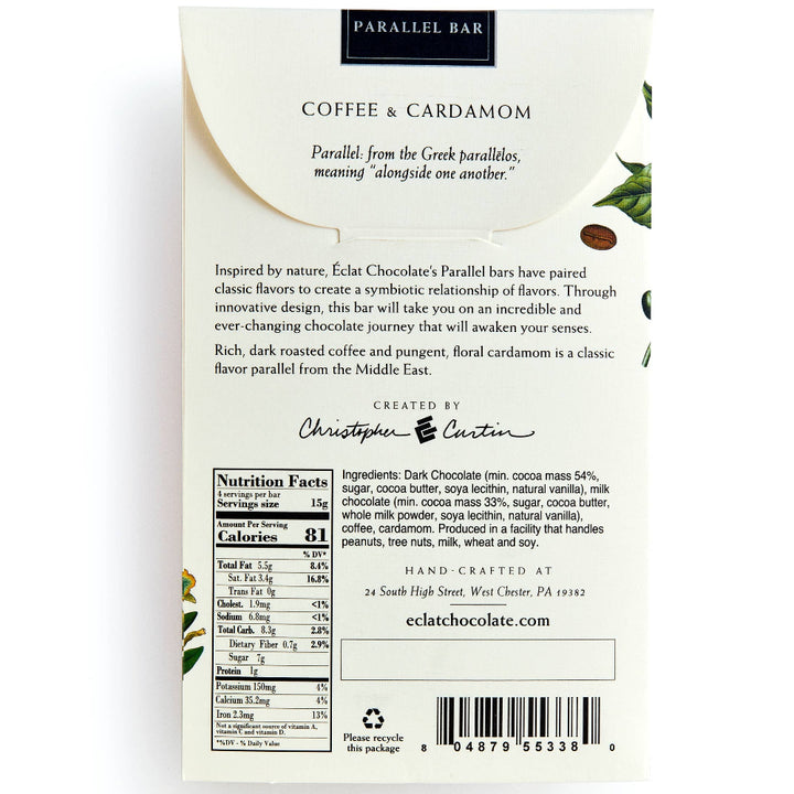 Back of a chocolate bar packaging with text and branding on a white background