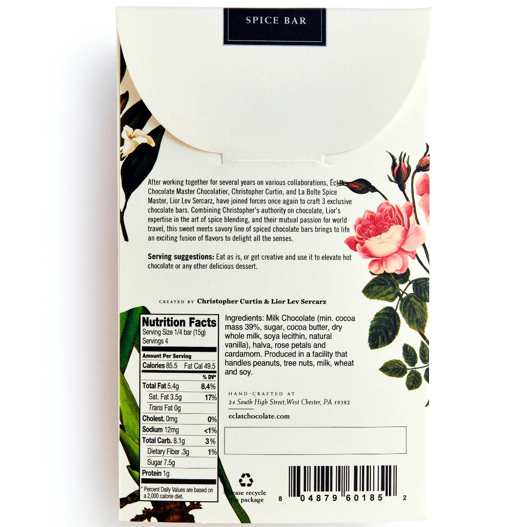 Spice bar packaging with floral design and text on a white background