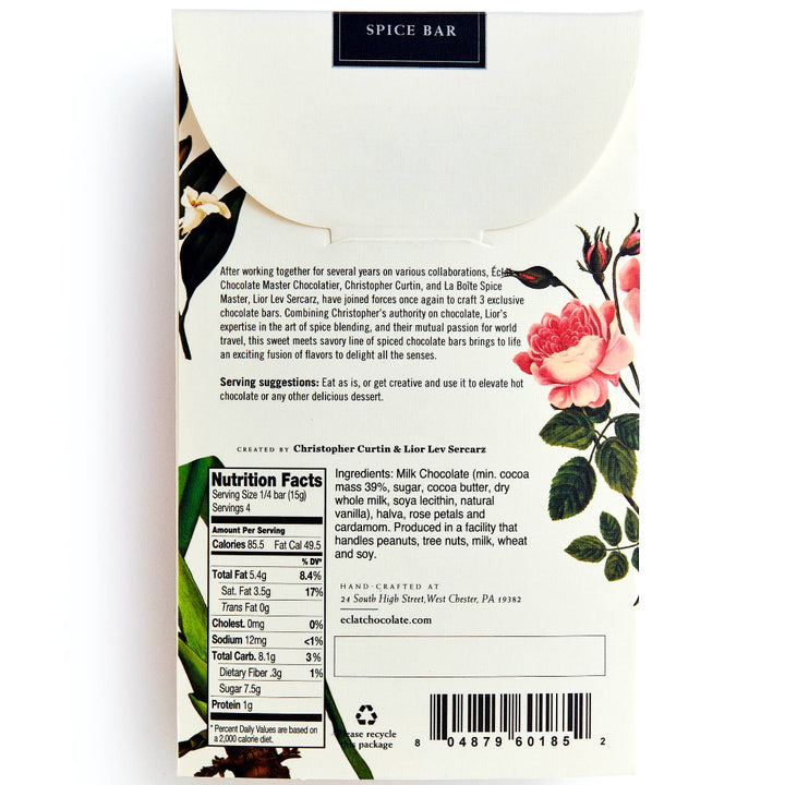 Spice bar packaging with floral design and text on a white background