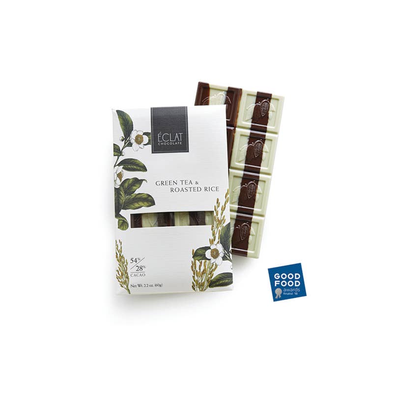Eclat chocolate bar with green tea and roasted rice flavor packaging on a white background