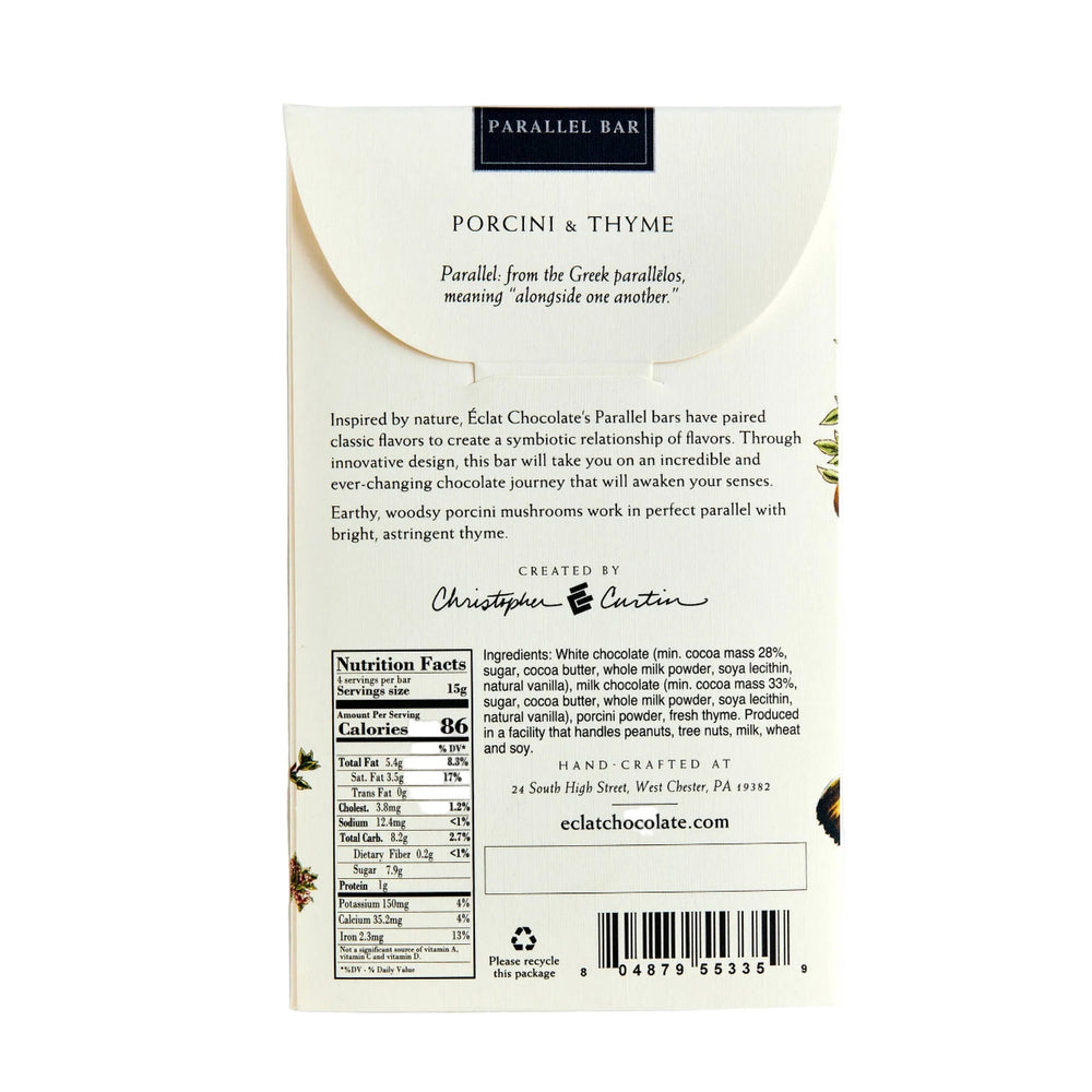 Back of a chocolate bar packaging with branding and nutritional information on a white background