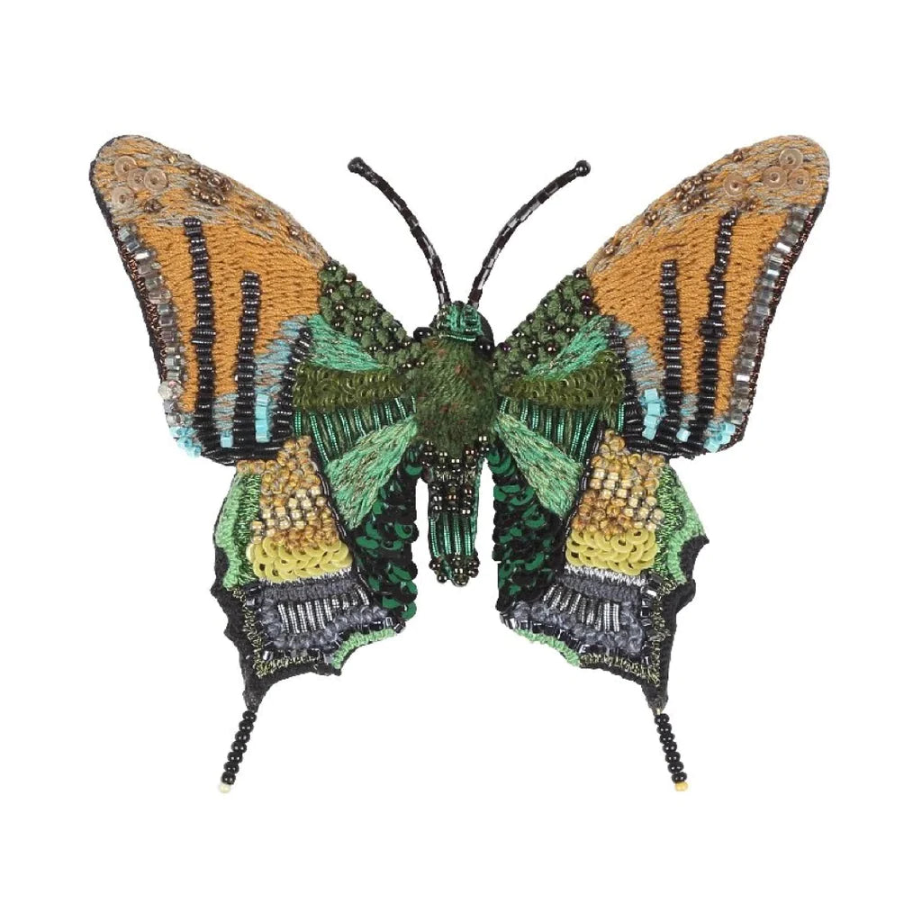 Emperor of India Butterfly Brooch | A hand embroidered and beaded butterfly brooch. Colors are green, yellow, black, and accents of light blue.