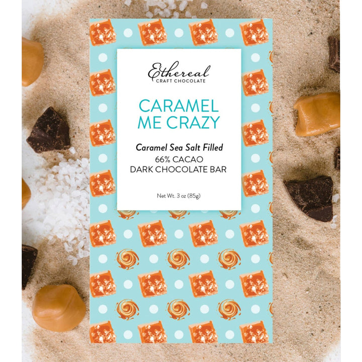 Ethereal Craft Chocolate Caramel Sea Salt Filled Dark Chocolate Bar packaging on a chocolate background.