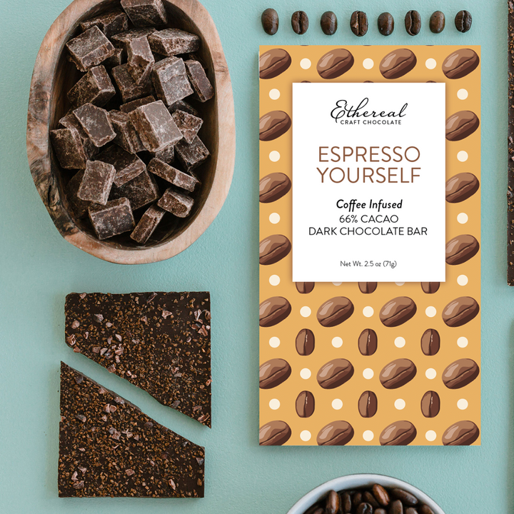 Dark chocolate bar with a 'Ethereal Craft Chocolate' packaging on a teal background