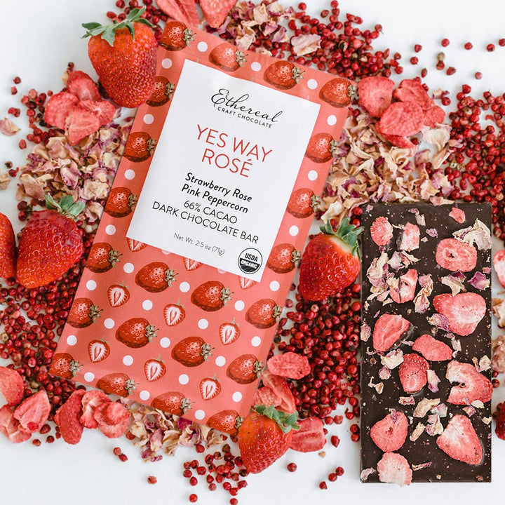 Chocolate bar with strawberry and rose design on a white background