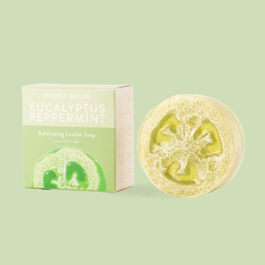 Loofah Soap | Honey Belle | Eucalyptus Peppermint exfoliation loofah soap. Green packaging.