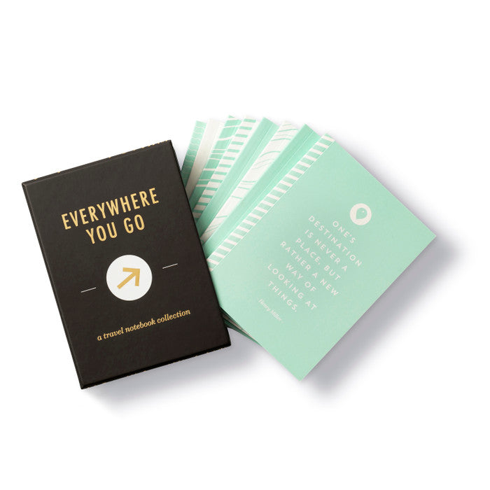 Everywhere You Go: A Travel Notebook Collection | A black box with the mint green journals the top on reads " One's destination is never a place, but rather a new way of looking at things.".