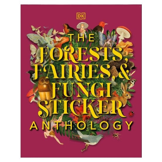 Sticker anthology cover with forest-themed illustrations on a pink background