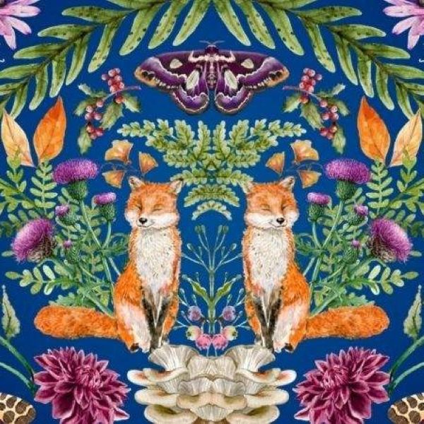 A symmetrical botanical and animal print featuring two orange foxes seated at the center, surrounded by green leaves, purple flowers, mushrooms, and a large moth on a deep blue background.