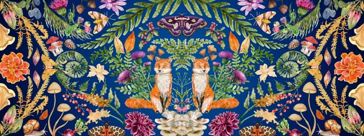 A detailed botanical and animal pattern featuring two foxes seated at the center, surrounded by flowers, leaves, mushrooms, and butterflies on a deep blue background.