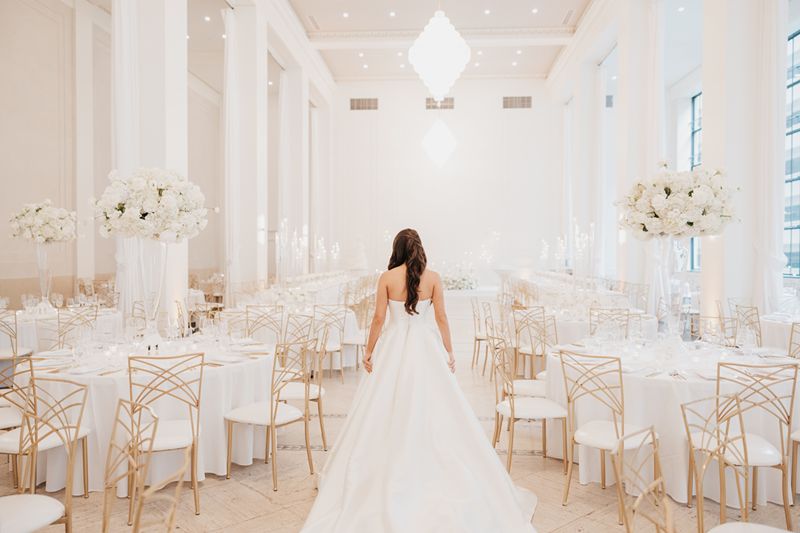 Arbor Midtown Fallone wedding in all white floral and linens ballroom shot
