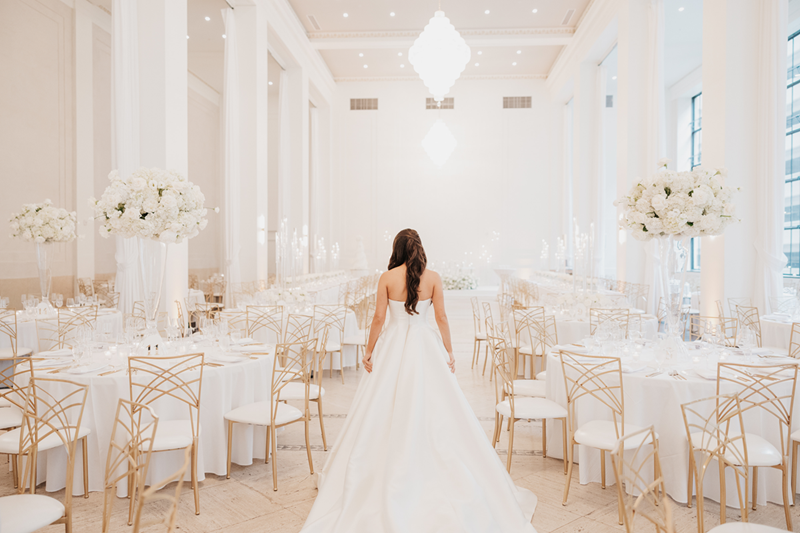 Arbor Midtown | TPI Photography | Reception hall of elevated centerpieces with white roses and hydrangea.
