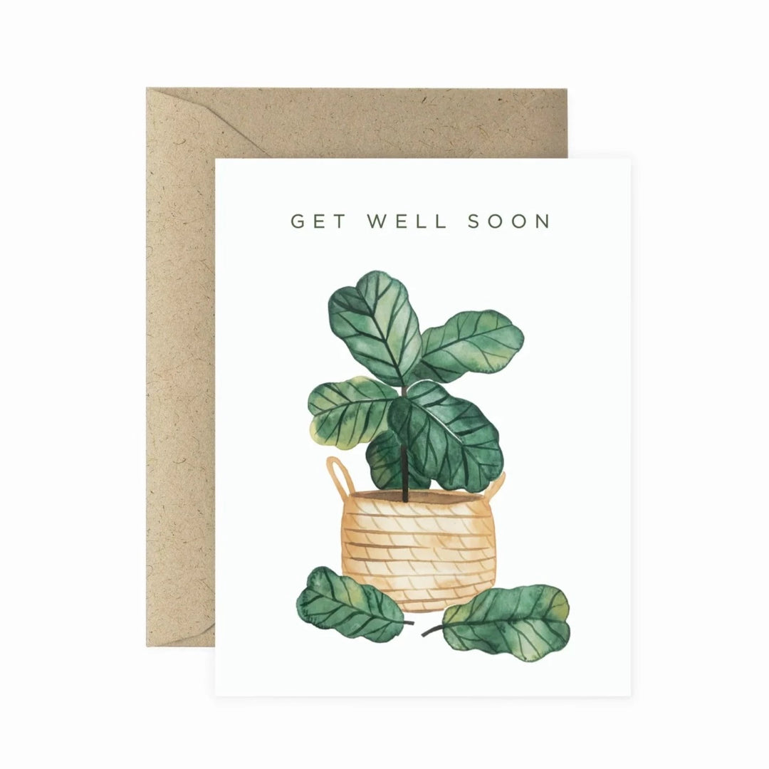 Get Well Soon Fiddle Leaf Fig Greeting Card | A simple white card with a watercolor illustration of a fiddle leaf fig that has lost two of its leaves. The card reads "Get Well Soon". Comes with a natural brown envelope.