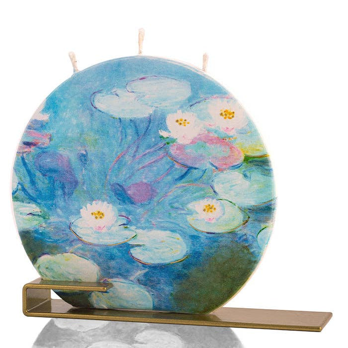 Decorative circular piece with water lily design on a stand