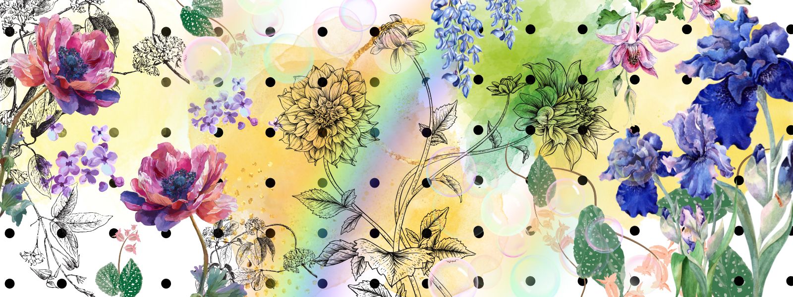 Colorful floral pattern with a rainbow on a white background