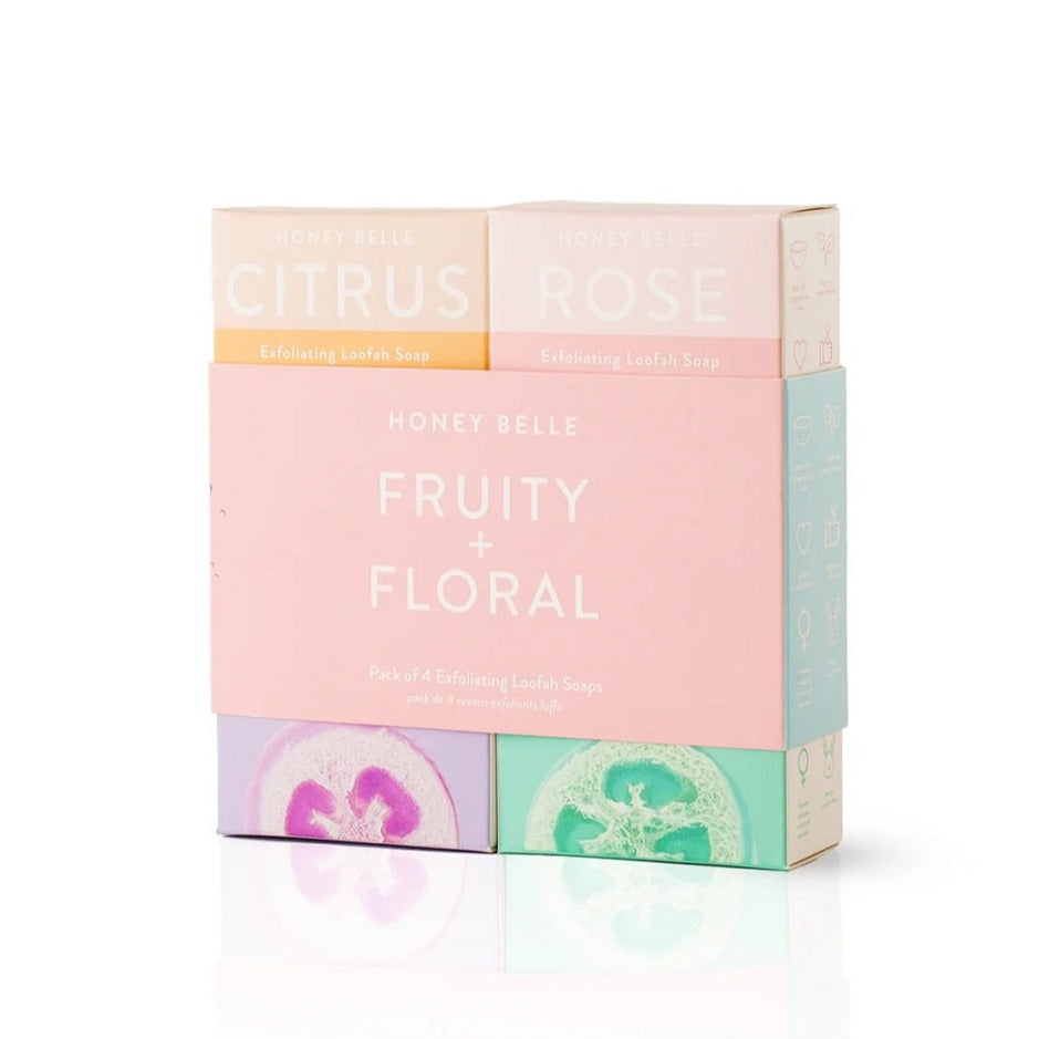 Fruity + Floral Exfoliating Loofah Soap Gift Set | Honey Belle fruity and floral pack of 4 exfoliating soaps. Citrus, rose, sweet jasmine, and lavender rain.