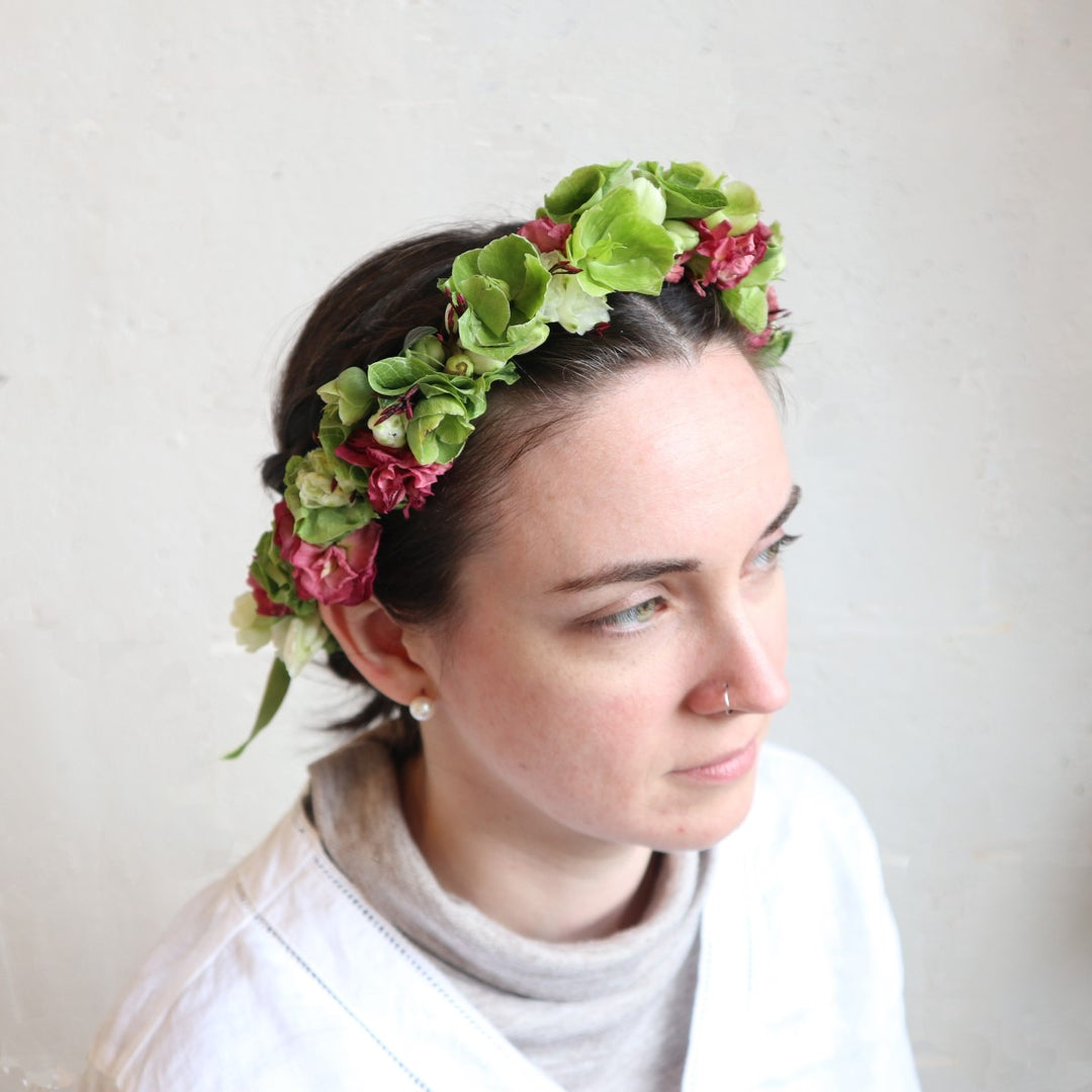 Stacy K Floral | Flower Crown | Green with pink accents.