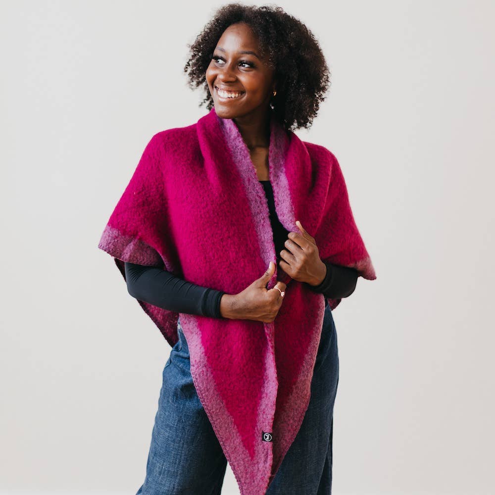 Model posing in her soft acrylic pink scarf.