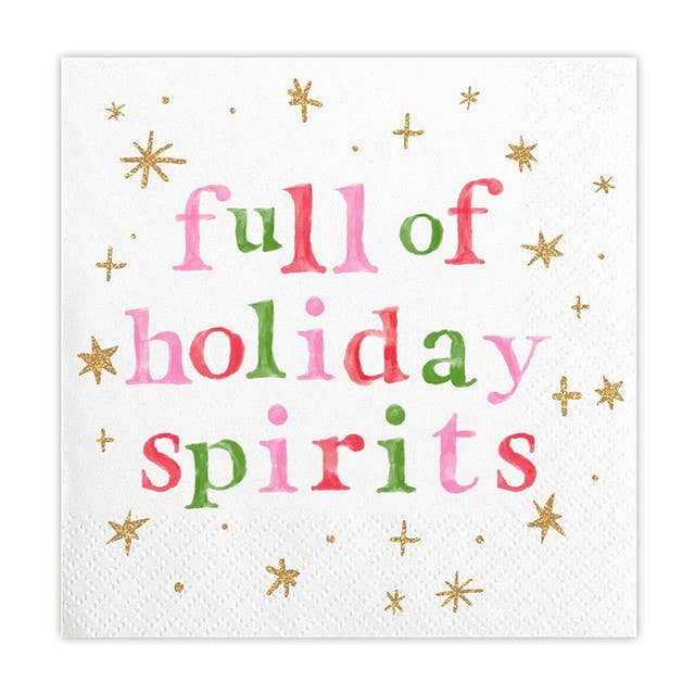 Slant | Full Of Holiday Spirits Paper Beverage Napkin. A white napkin with colored text and gold stars.