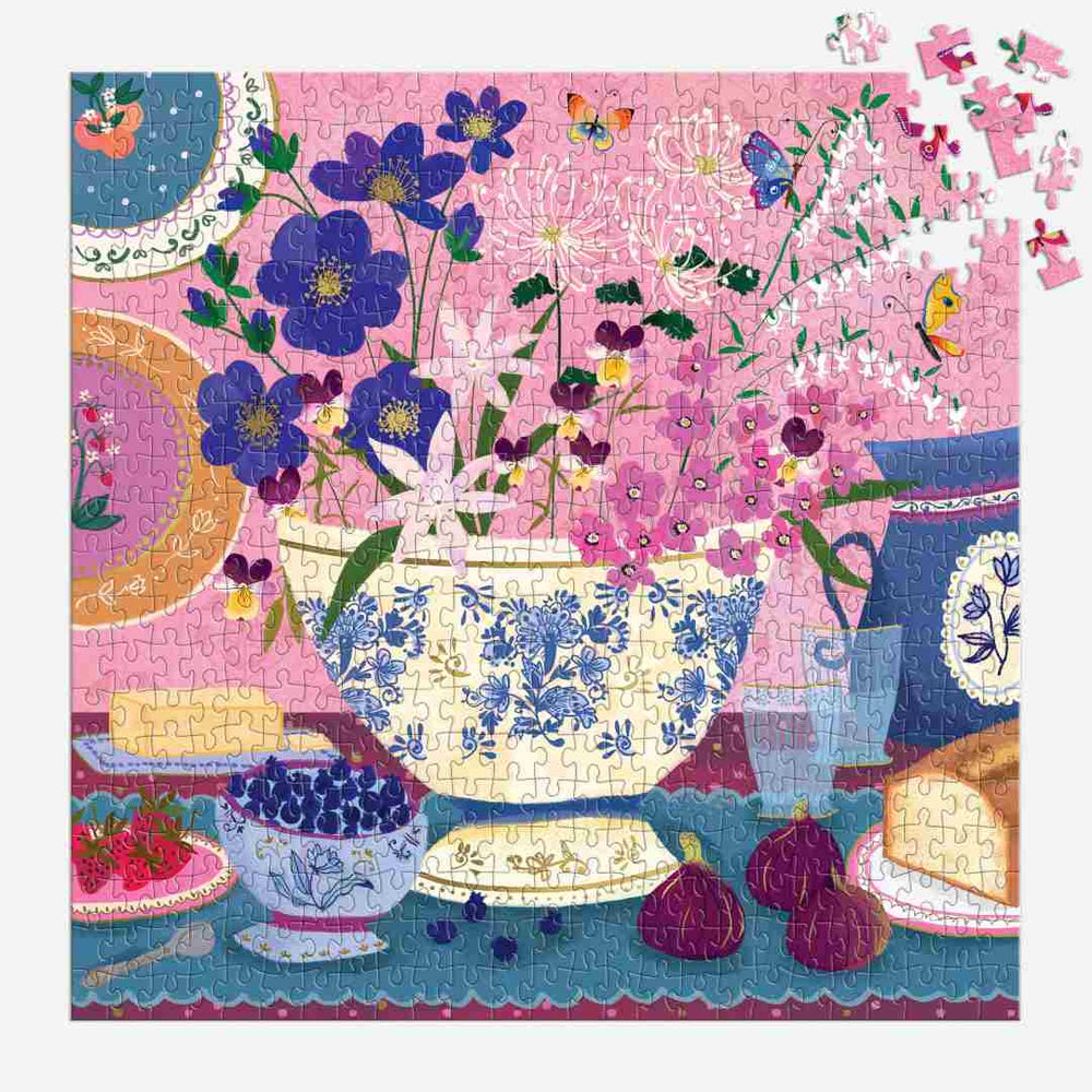 Gallison | Colorful puzzle with floral and teacup design on a pink background