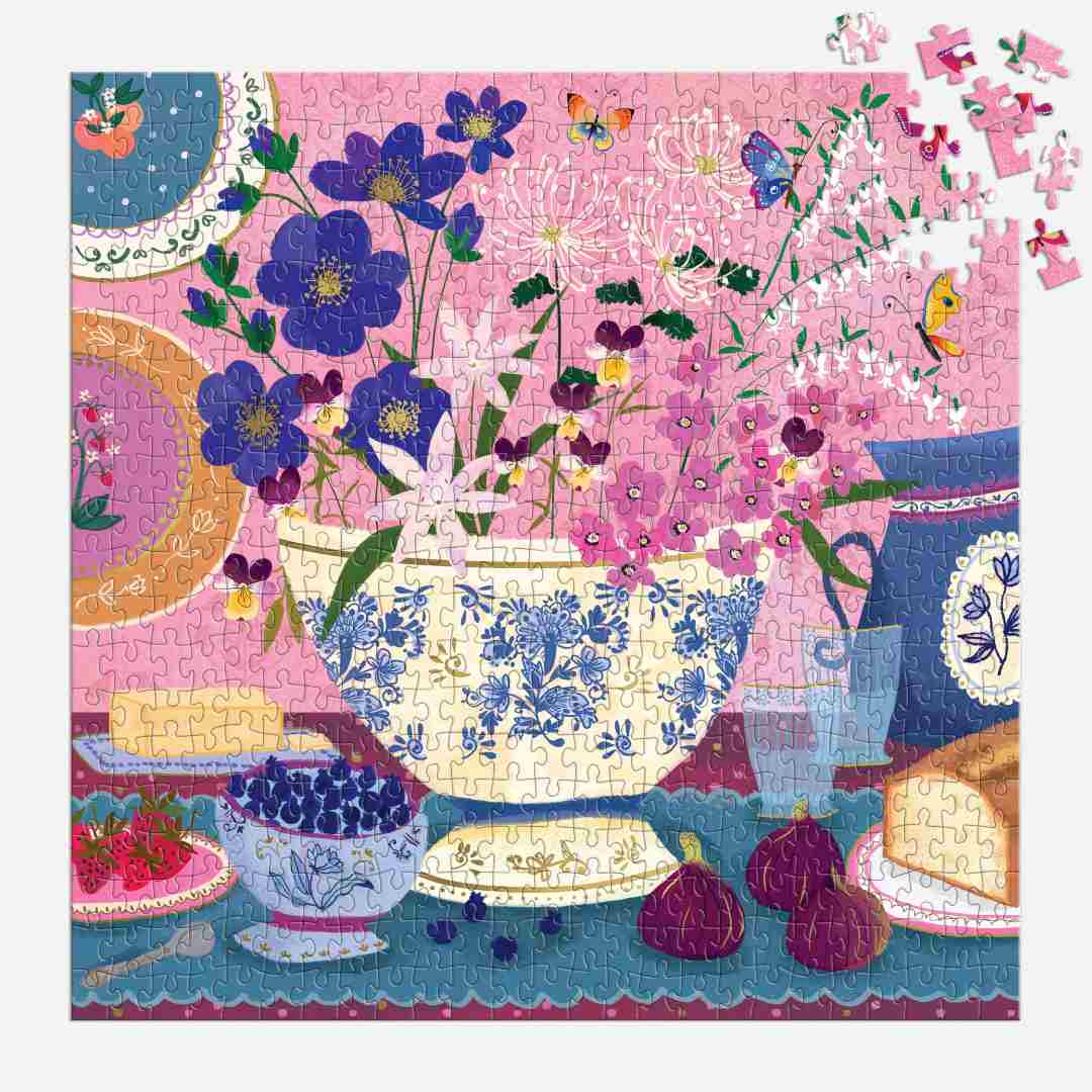Gallison | Colorful puzzle with floral and teacup design on a pink background