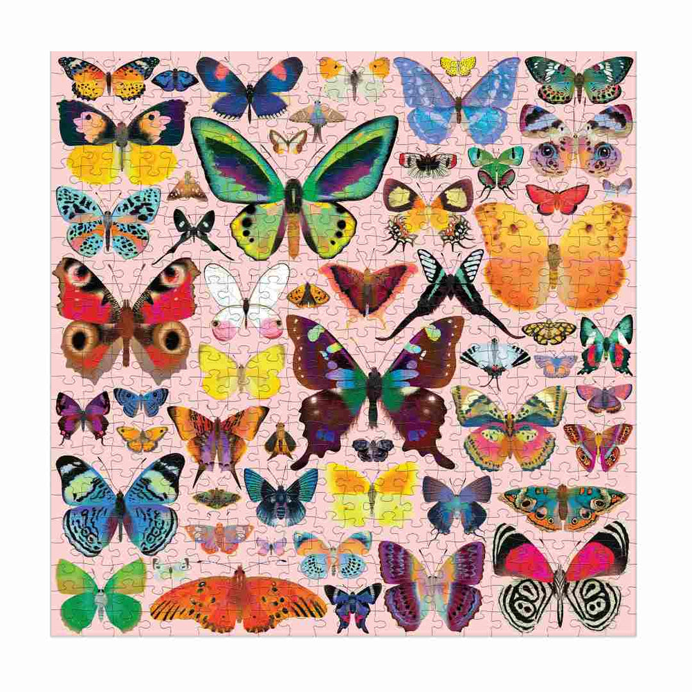 Gallison | Jigsaw puzzle with colorful butterfly illustrations on a pink background