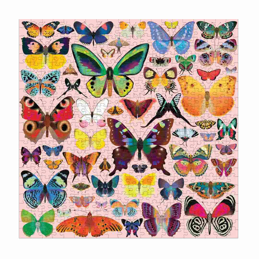 Gallison | Jigsaw puzzle with colorful butterfly illustrations on a pink background