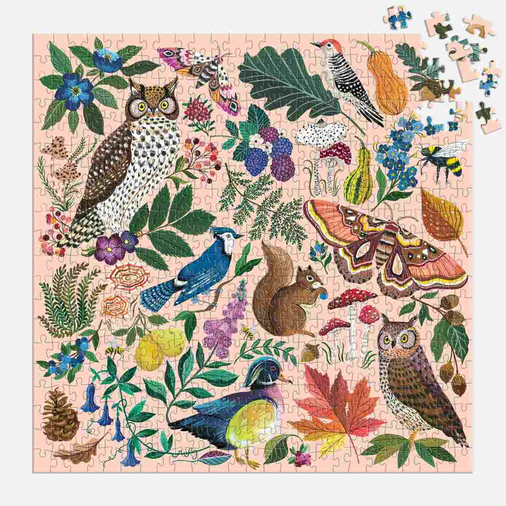 Gallison | Jigsaw puzzle with nature-themed design featuring animals and plants on a pink background.