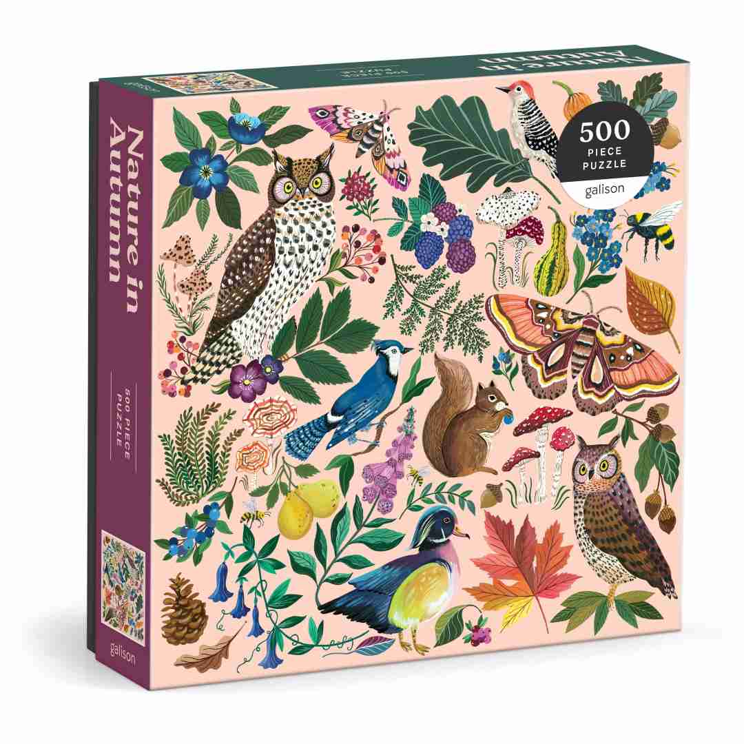 Gallison 'Nature in Autumn' 500 piece puzzle box with colorful illustrations of animals and nature on a pink background.