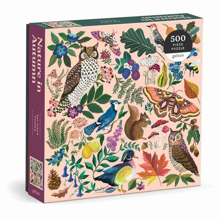 Gallison 'Nature in Autumn' 500 piece puzzle box with colorful illustrations of animals and nature on a pink background.