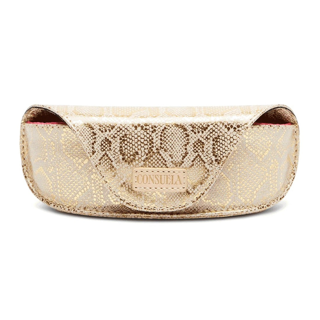 Gilded Sunglass Case | A gold snake print sunglass case with a pink interior.