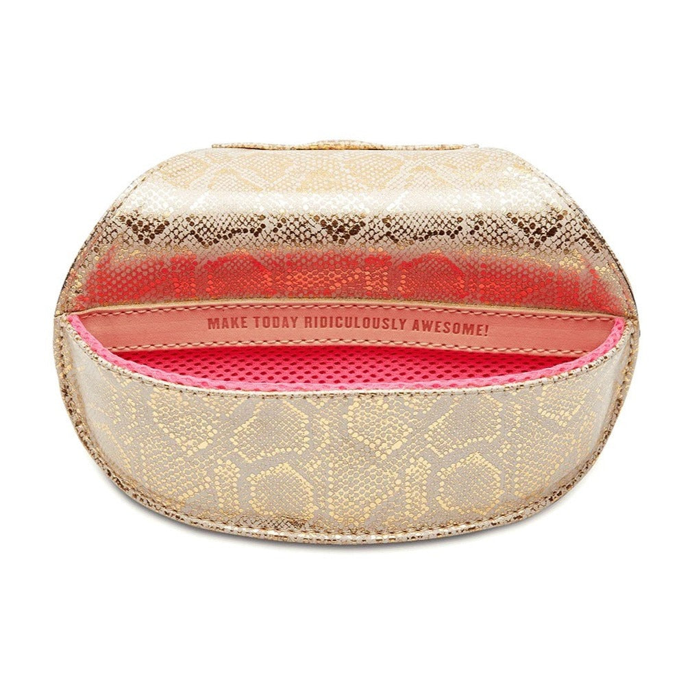 Gilded Sunglass Case | Top open to reveal pink mesh interior.