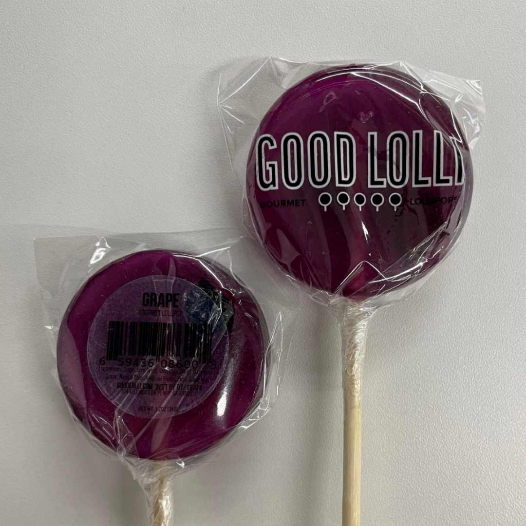 Good Lolli | GRAPE LOLLIPOP | A purple lolli pop wrapped in clear cello.