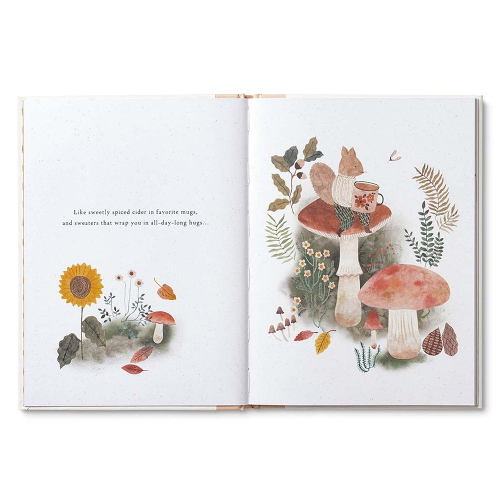 Compendium | Grateful for You | Open book spread showcaseing a cozy whymsical woodsy theme and text that reads "Like sweetly spiced cider in favorite mugs, and sweaters that wra you in all-day-long hugs...".